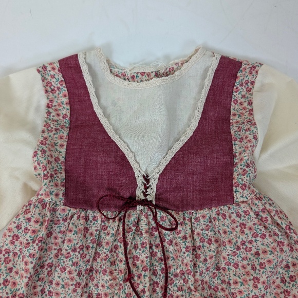 70s Floral Apron Blouse Red Trim Long Sleeve Front Tie Bow Peasant Milkmaid - Picture 4 of 8